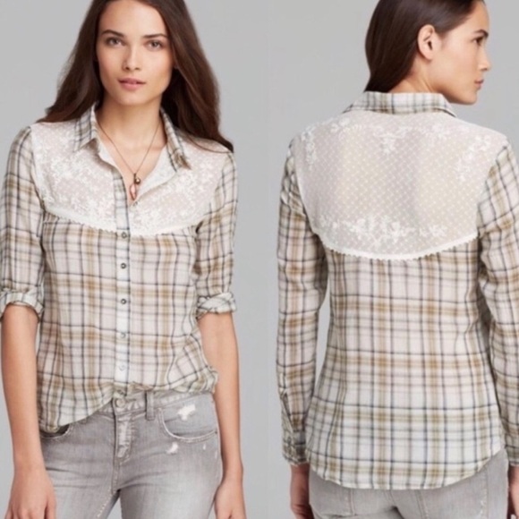 Free People Tops - Free People Plaid Saddle Up Button Down Shirt Boho Country Lightweight Lace